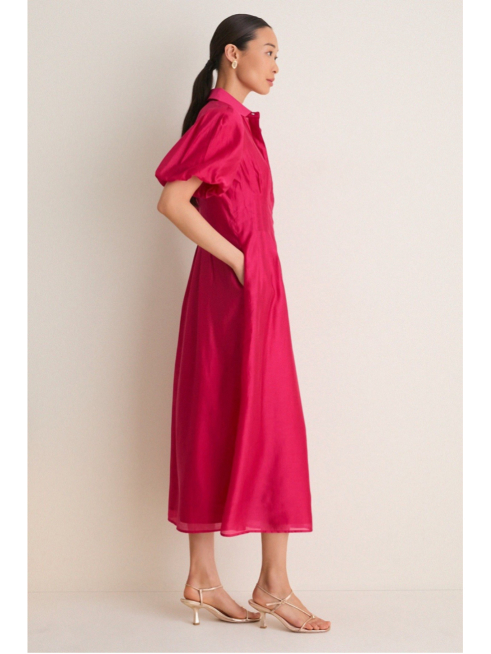 Tuckernuck Raspberry Organza Delaney Dress S Puff Sleeves Collar Wedding Guest - Picture 2 of 12